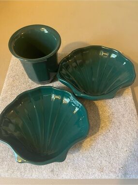 Vintage Pfaltzgraff Teal Green Ceramic Shell Soap Trinket Dishes With Small Cup